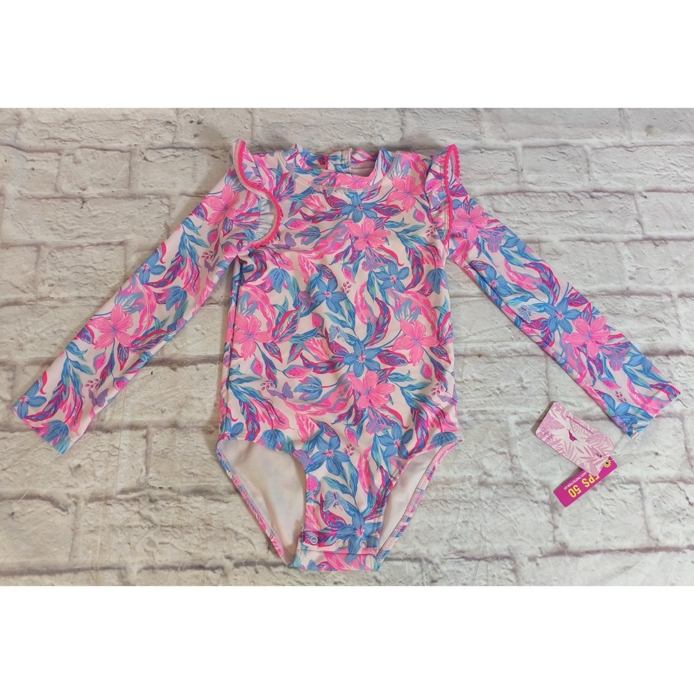 Tommy Bahama Girls Size 5 Pink Blue Floral Long Sleeve Rash guard Swimsuit NEW